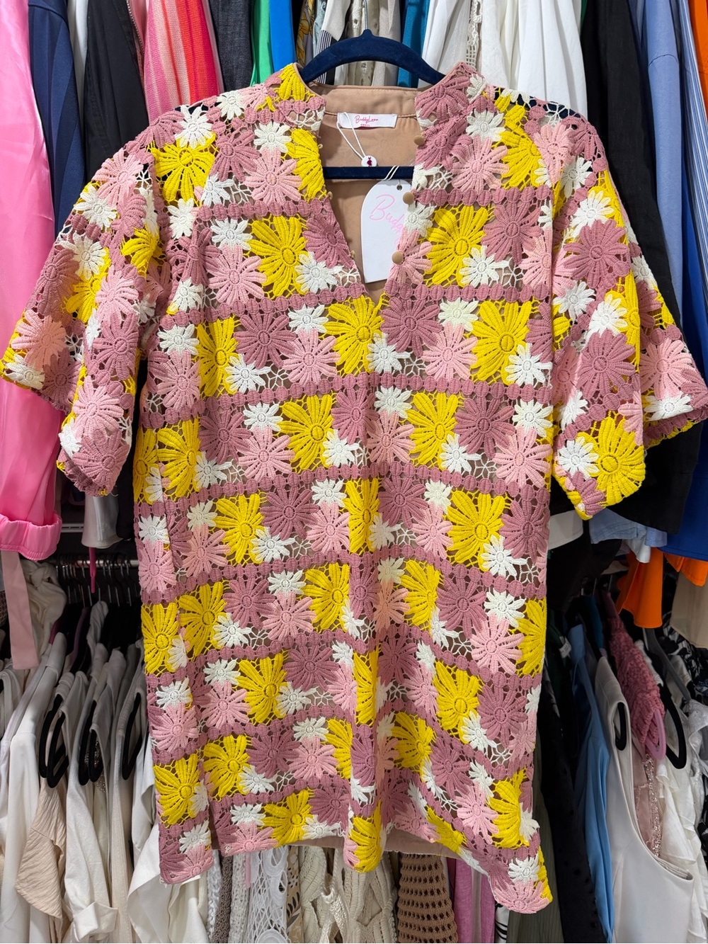 Buddy Love Pink Yellow White Crochet Floral Mini Dress